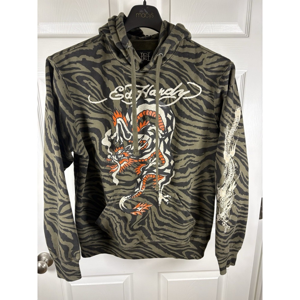 Ed Hardy Men's Dragon Graphic Hoodie Olive Green Tiger Stripe Size L Vintage Y2K